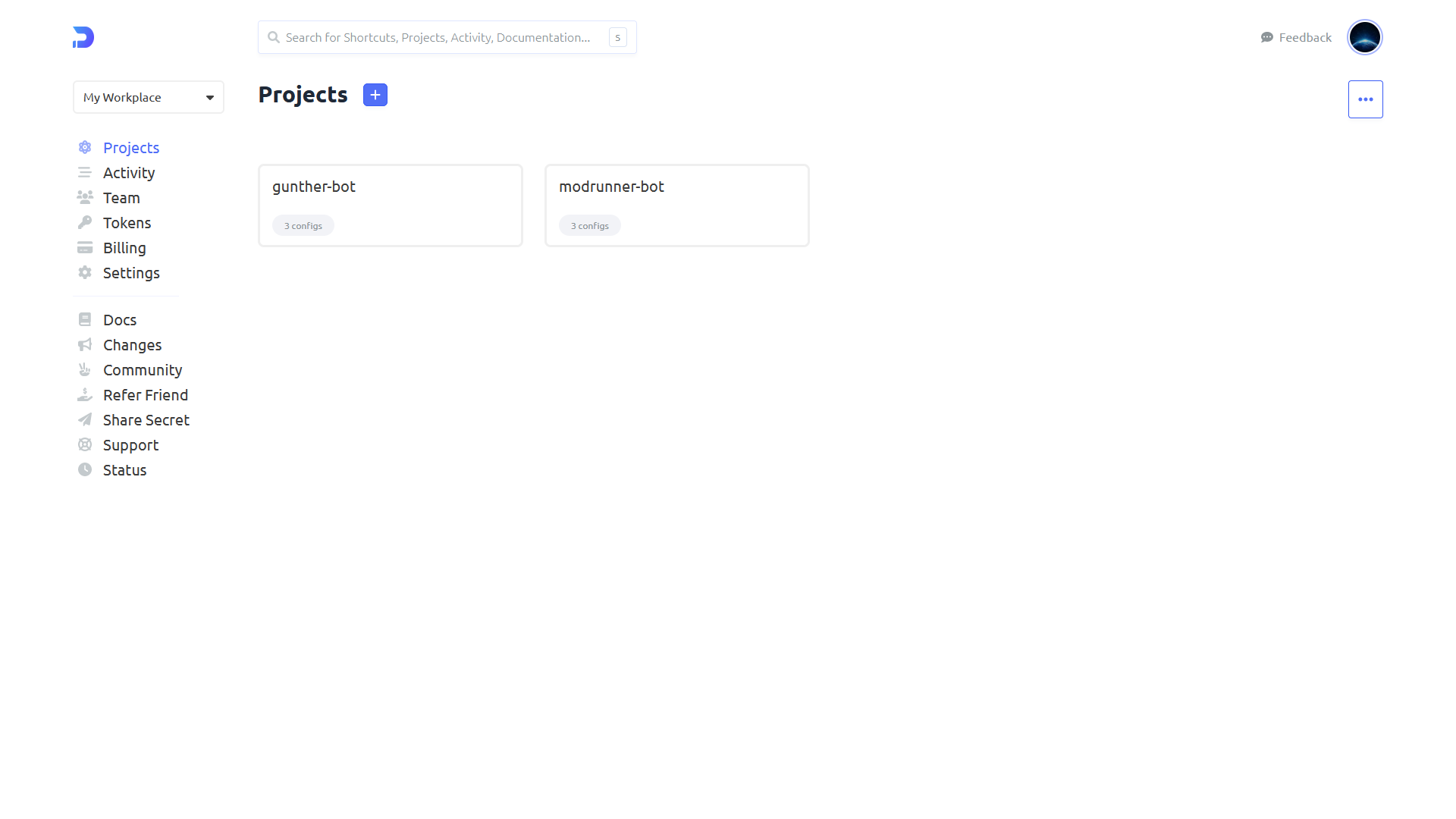 screenshot of the Doppler workspace homepage