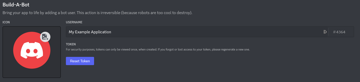 screenshot of the icon, username and secret token field in the discor dev portal